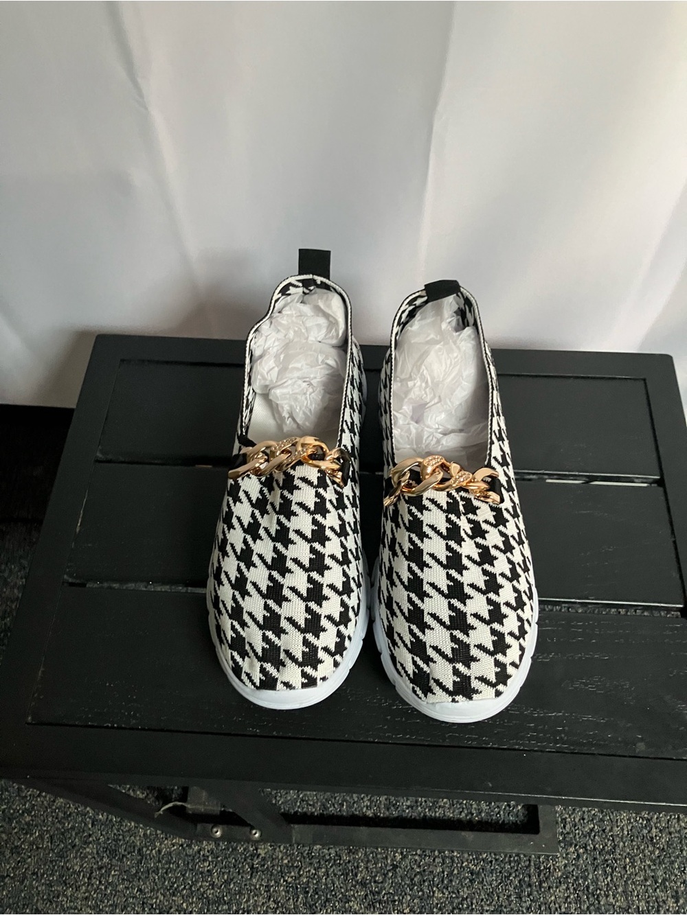 SHEIN Black and White Houndstooth Slip-On Sneakers with Gold Chain